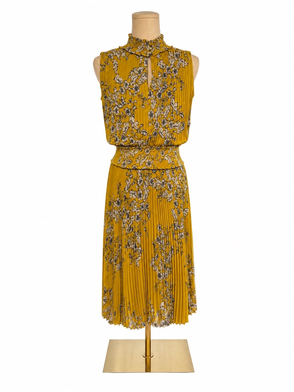Nanette Lepore Size 10 Yellow Floral Pleated Midi Dress